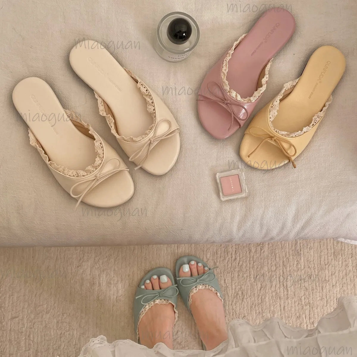 Bow Lace Women's Open Toe Flat Slide Sandals | Non-Slip Slippers Flat Slide Sandals Axl