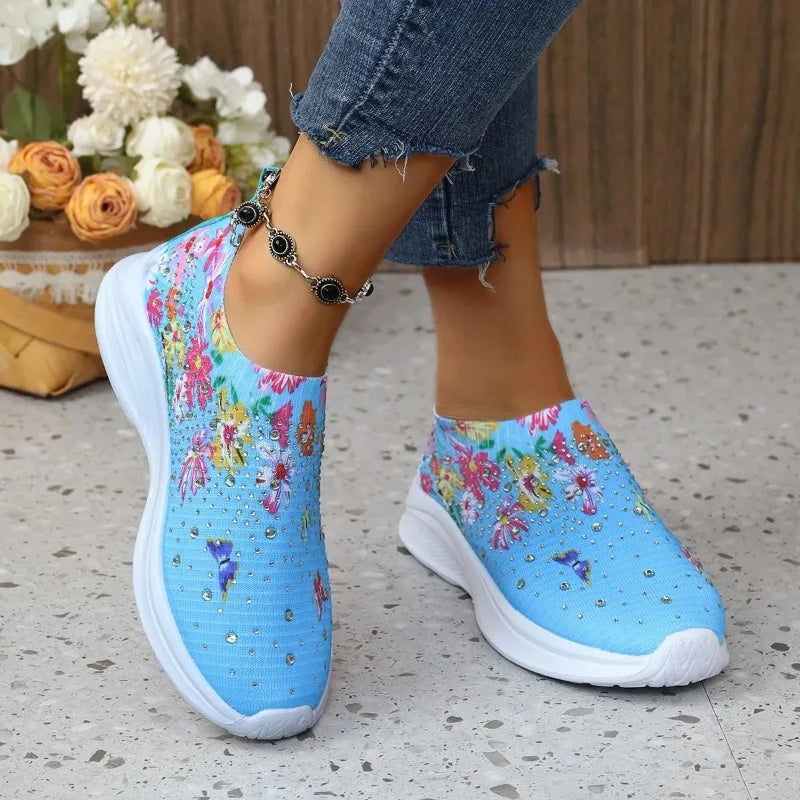 Flower Print Knitted Sneakers – Crystal Slip-On Women's Shoes Knitted Slip-On Sneakers Axl