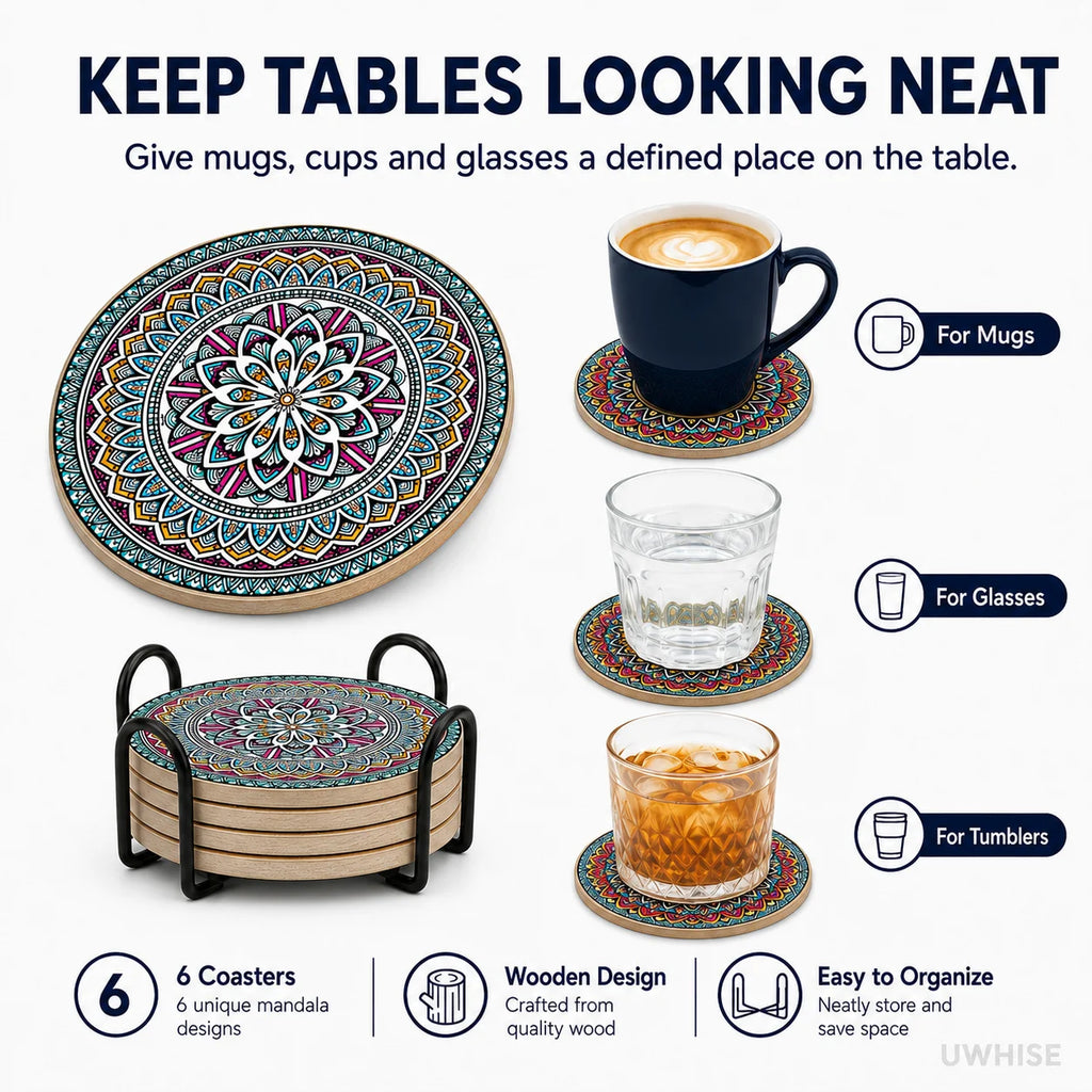 6-Piece Boho Mandala Ceramic Coasters Set with Holder Ceramic Coaster Set Axl