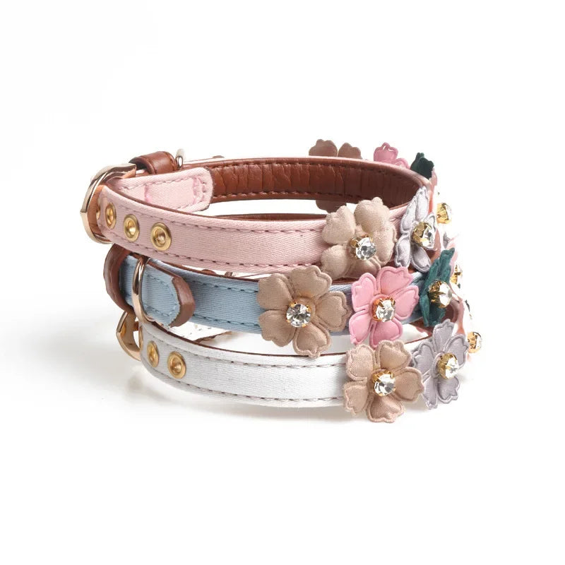 Rhinestone Flower Dog Cat Collar – Adjustable PU Leather Chain Pet Collar Axl