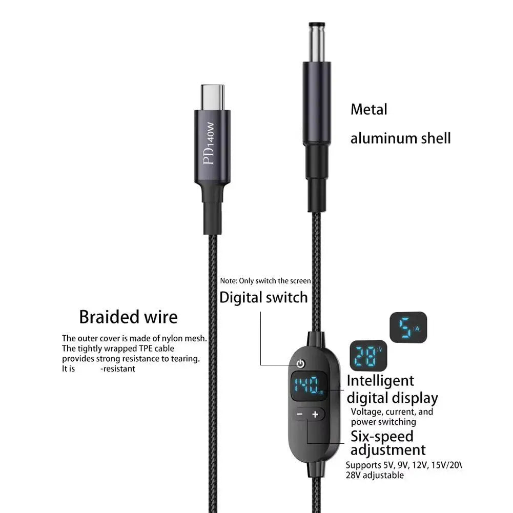 USB-C to DC PD 140W Adapter Cable – Adjustable Voltage Display Power Adapter Cable Axl