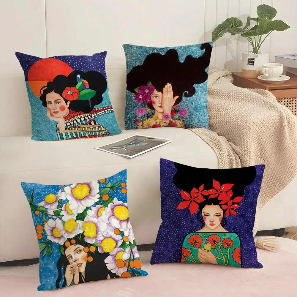 Abstract Girl Hair Flower Linen Cushion Cover | Home Decor Decorative Cushion Cover Axl