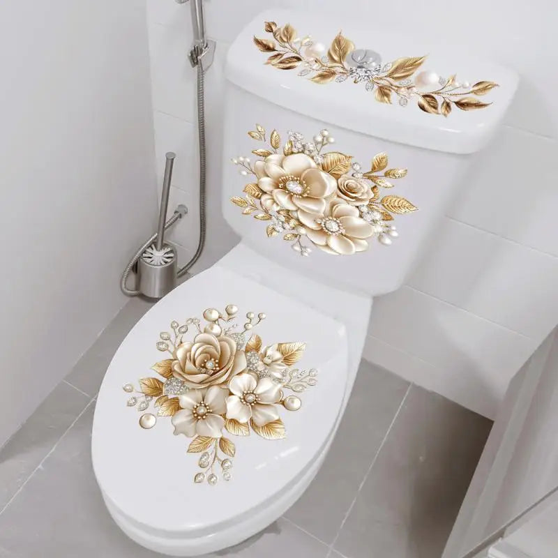 Gold Pearl Floral Toilet Sticker – Waterproof Bathroom Decal Bathroom Wall Sticker Axl