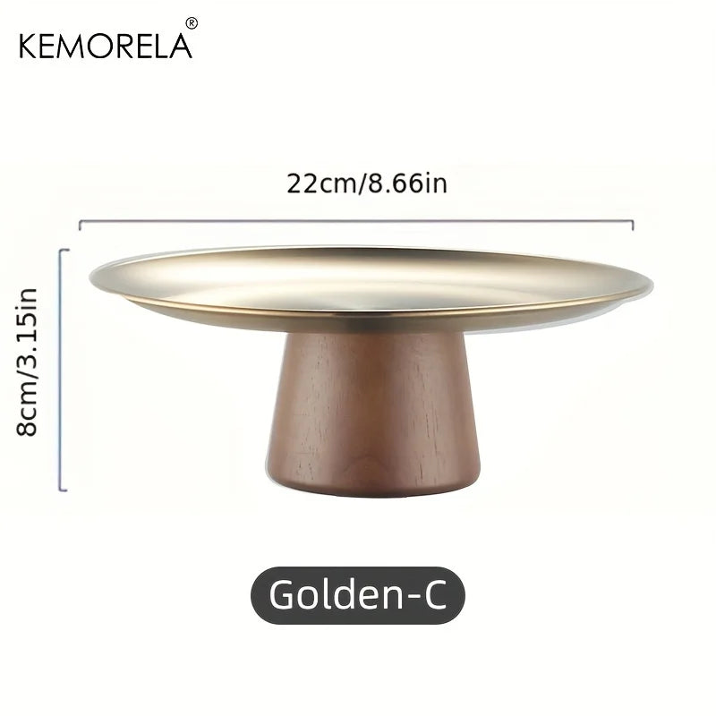 KEMORELA Stainless Steel Cake Tray with Wooden Base | Korean Style Decorative Serving Tray Axl Gloden-C