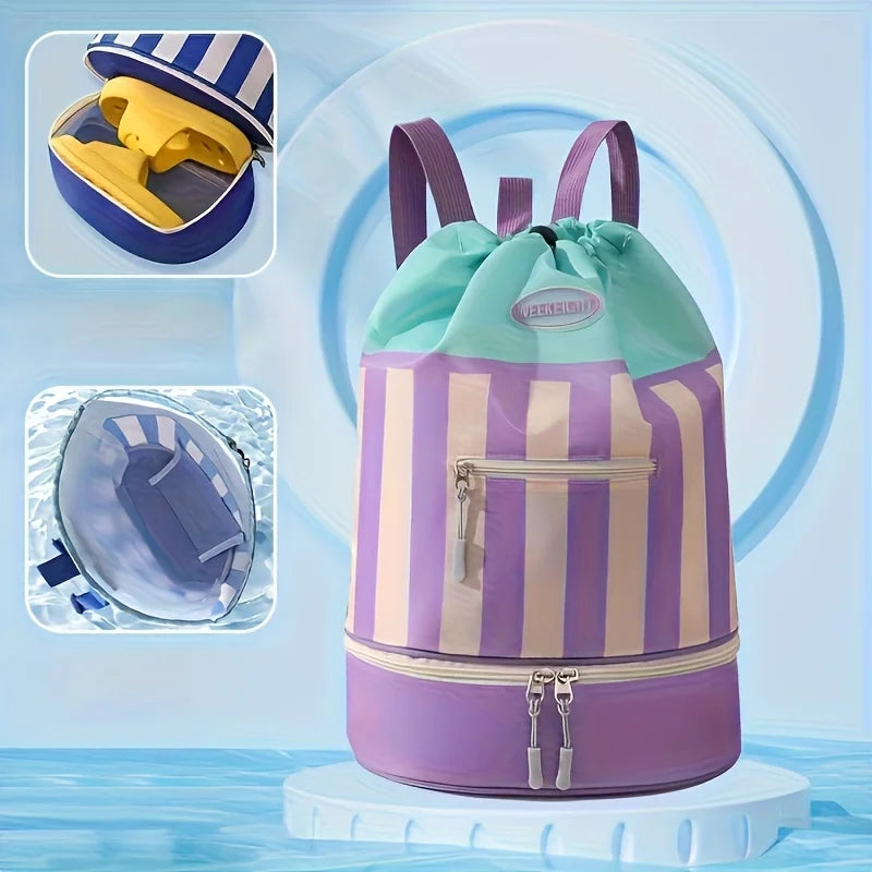 Striped Dry-Wet Separation Backpack – 10L Beach & Pool Bag Beach Pool Backpack Axl Purple 1pc