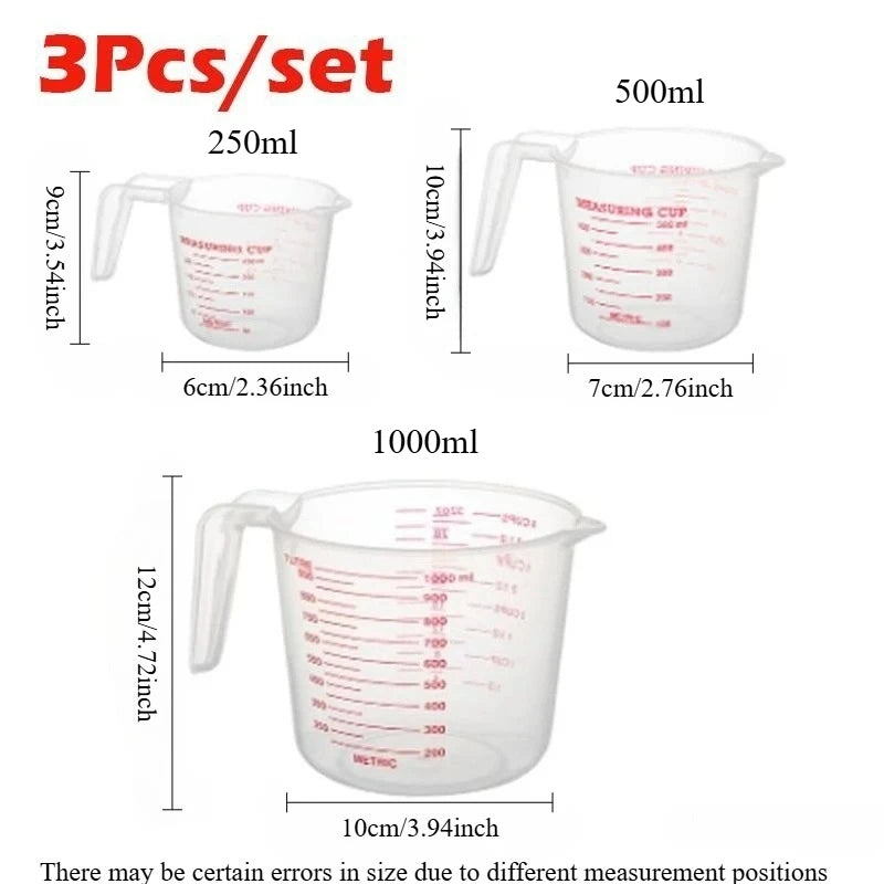 3-Piece Plastic Measuring Cup Set – 250ml, 500ml & 1000ml Measuring Cup Set Axl