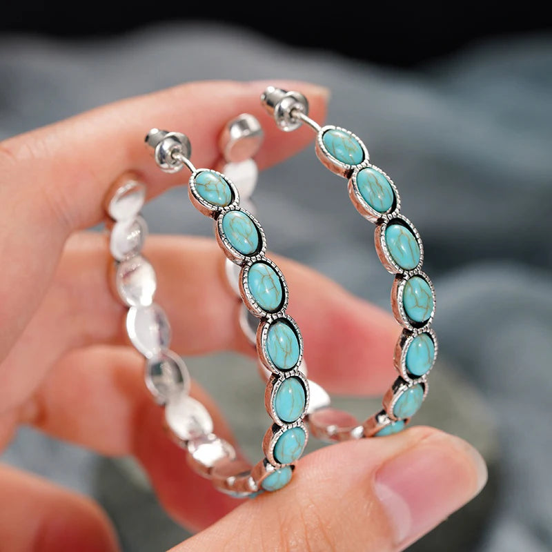 Huitan Large Hoop Earrings Imitation Turquoise | Vintage Style Hoop Earrings Axl