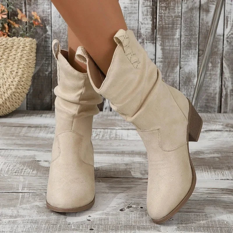 Women's Mid-Calf Boots – Round Toe Square Heel Slip-On Women's Fashion Boots Axl