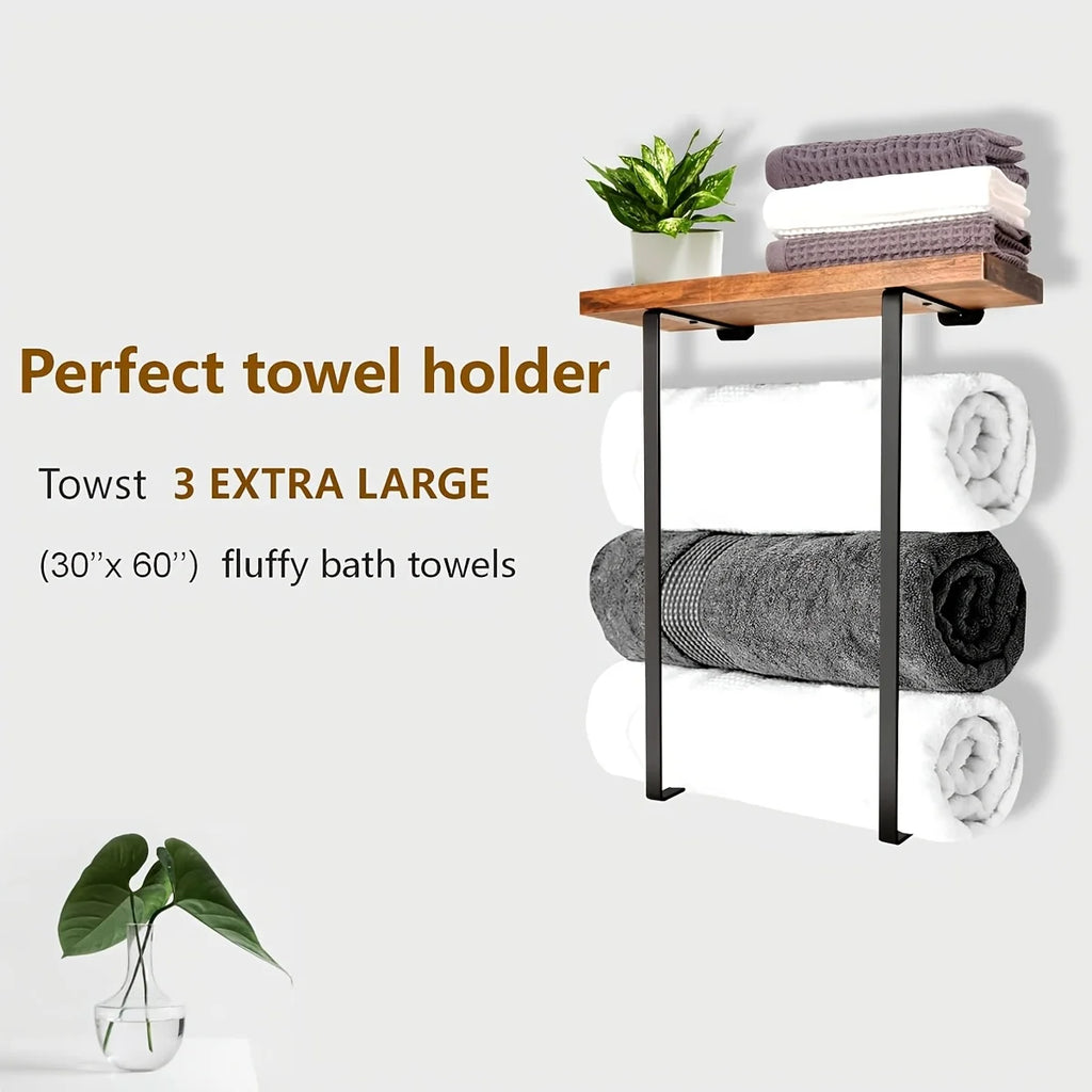 Black Wall Towel Rack with Wood Shelf | Bathroom Organizer Wall Towel Rack Axl
