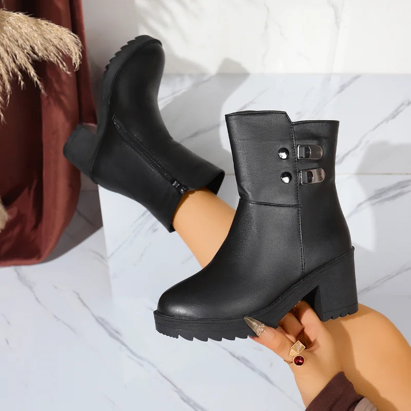 UXST Women's Ankle Boots – Square Heel Side Zipper Platform Women's Ankle Boots Axl