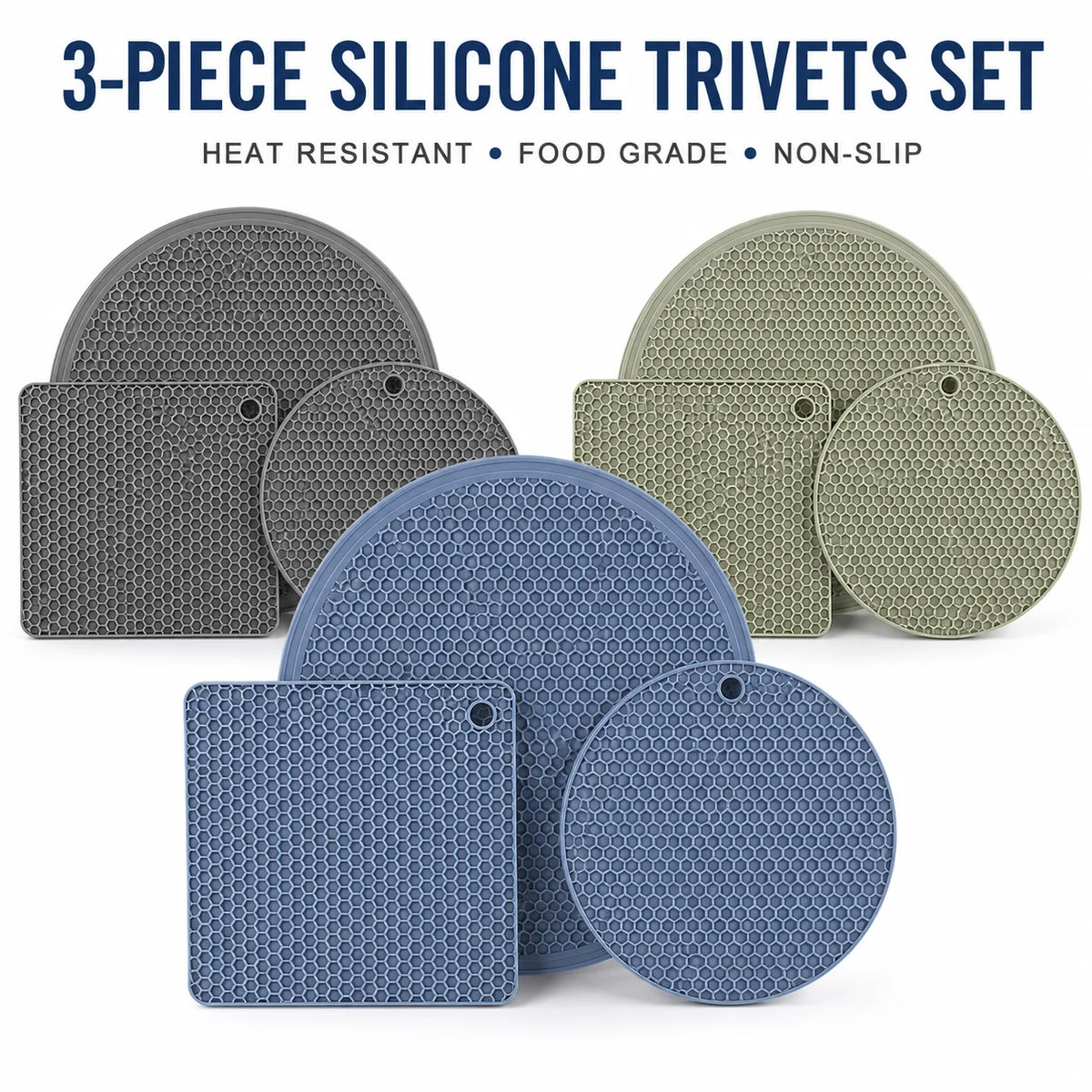 3-Piece Silicone Trivet Mat Set – Honeycomb Hot Pads & Jar Opener Silicone Trivet Set Axl