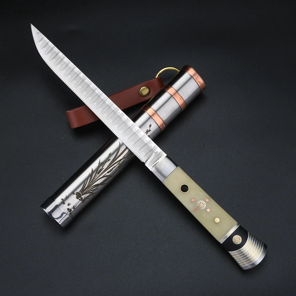 XUAN FENG Damascus Steel Fruit Knife – Wooden Handle & Sheath Damascus Kitchen Knife Axl 1 pcs