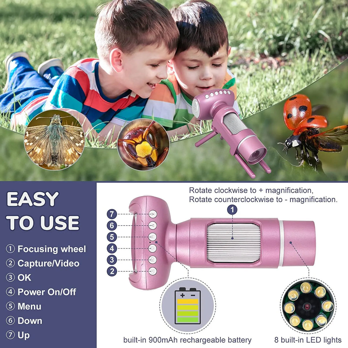 Kids 3-in-1 Digital Microscope Camera – 2-Inch Screen STEM Toy Kids Microscope Toy Axl