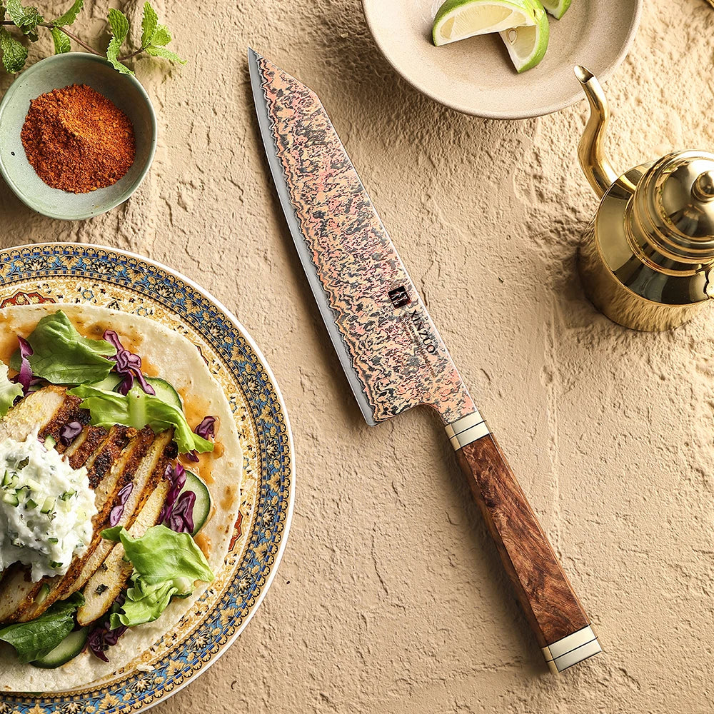 XINZUO 8.27" Bunka Knife – 53-Layer Copper Damascus Steel Damascus Kitchen Knife Axl
