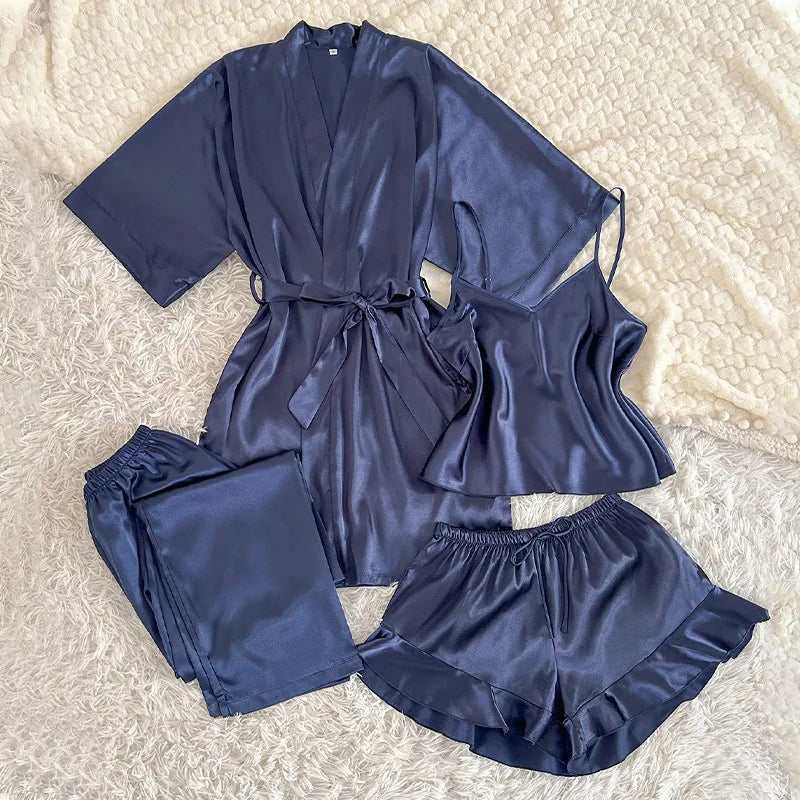 Women's 4-Piece Satin Kimono Pajama Set – Silky Loungewear Pajama Set Axl Navy Blue Robe Set 1XL