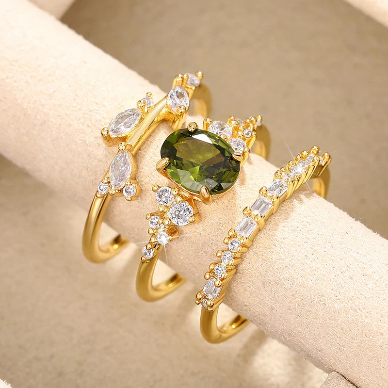 Huitan 3-Piece Olive Green CZ Gold Bridal Ring Set for Women Bridal Ring Set Axl