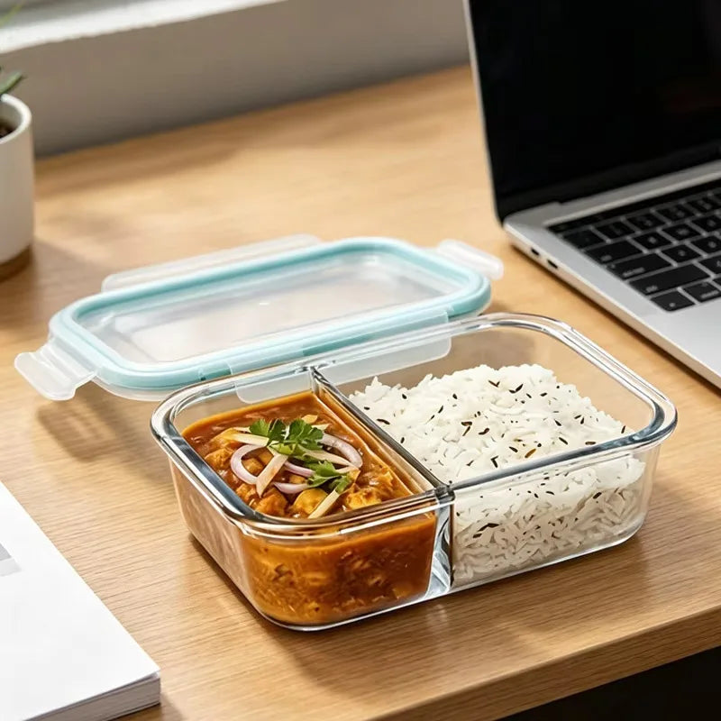 Glass Lunch Box 2/3 Compartment Airtight Lid | Fridge & Oven Safe Glass Food Container Axl