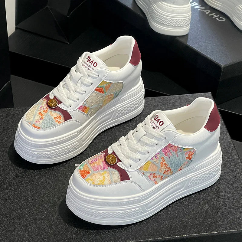Women's Crystal Chunky Platform Sneakers – Thick Sole Lace-Up Platform Sneakers Axl red 39