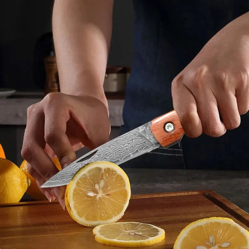 InLeung Damascus Steel Folding Knife – Sharp Wood Handle Folding Kitchen Knife Axl