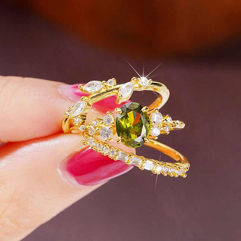 Huitan 3-Piece Olive Green CZ Gold Bridal Ring Set for Women Bridal Ring Set Axl