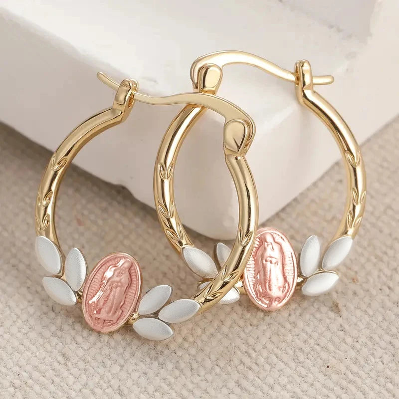 Huitan Virgin Mary Hoop Earrings – Gold Leaf Enamel Circle Hoop Earrings Axl E5844