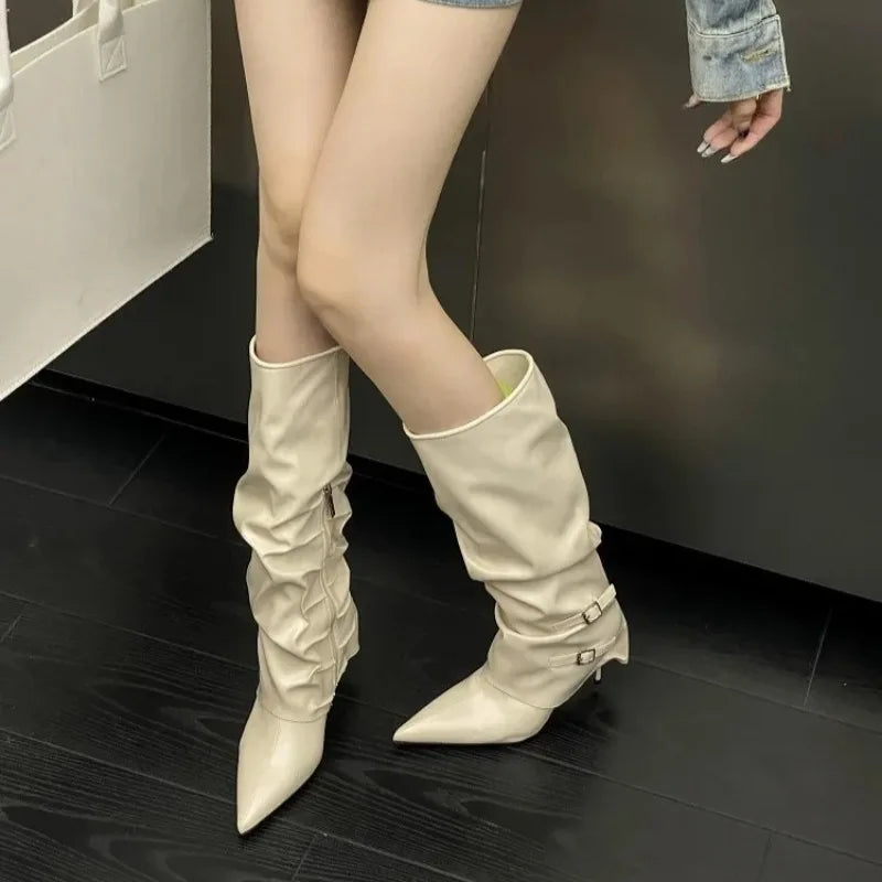 Women's Knee-High Stiletto Boots – Pointed Toe Zipper Buckle Knee-High Boots Axl