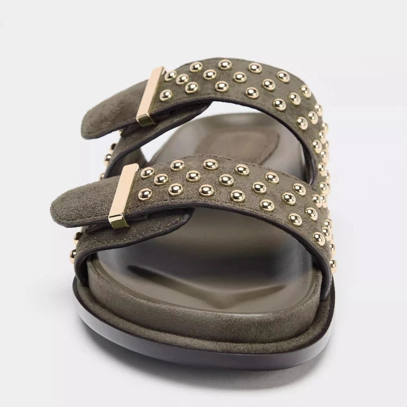 Women's Metal Rivet Flat Sandals – Slip-On Beach Slides Flat Sandals Axl
