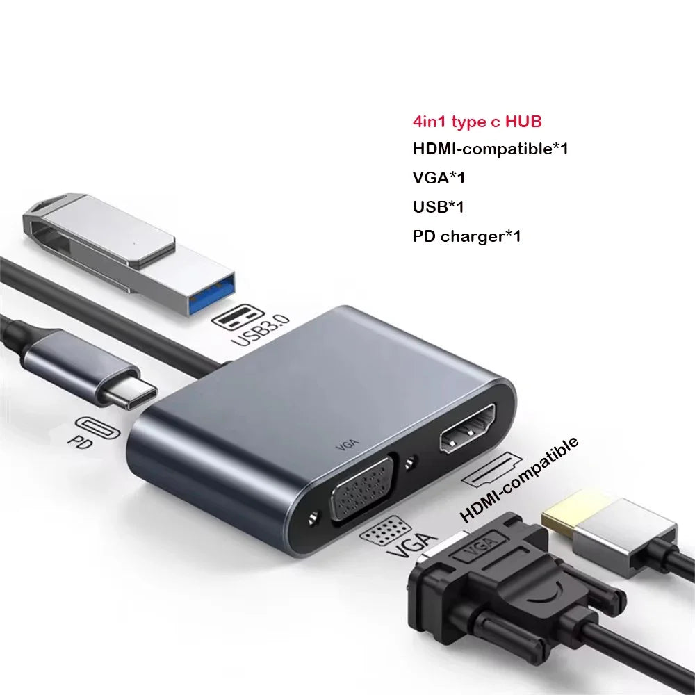 4-in-1 USB-C Hub – 4K HDMI, VGA, USB 3.0 & 100W PD Charging USB-C Multiport Hub Axl Gray 4 in 1 <=0.5m