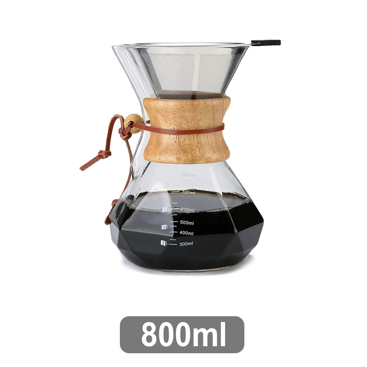 Pour-Over Glass Coffee Maker | Stainless Steel Filter & Wooden Collar Pour-Over Coffee Maker Axl 800ml