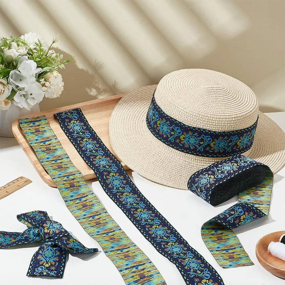 Ethnic Jacquard Flower Ribbon Sky Blue 2 inch – 10 Yards Sewing Sewing Ribbon Trim Axl