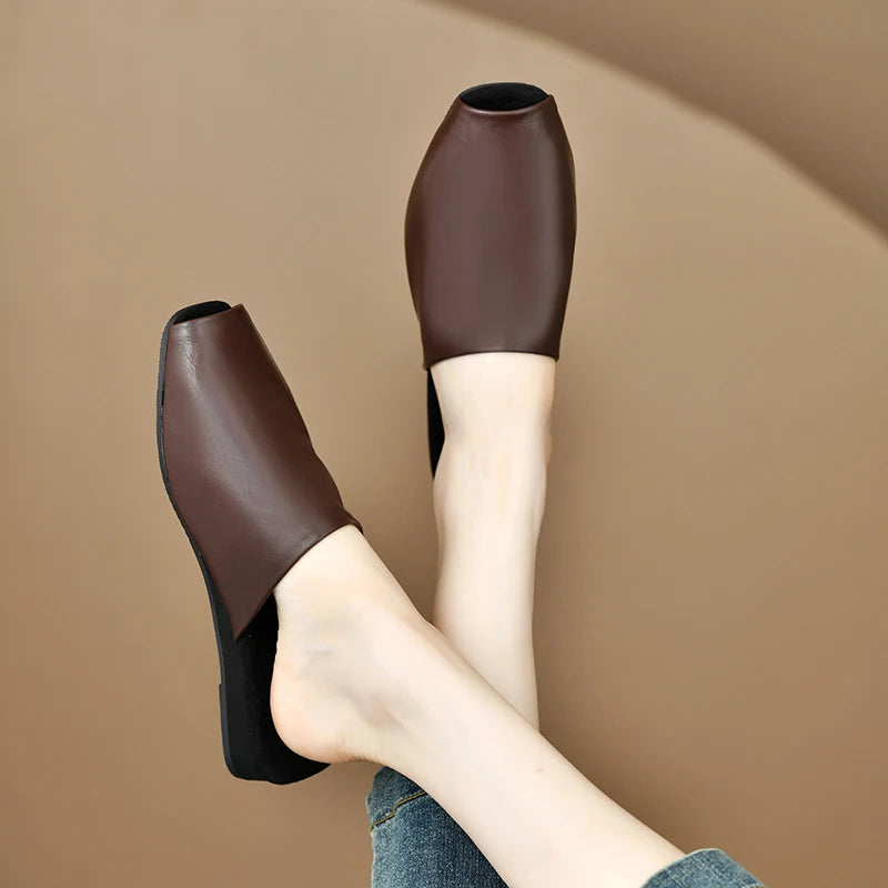 Women's Peep Toe Mule Slides – Faux Leather Low Heel Sandals Mule Slide Sandals Axl