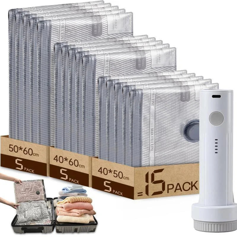 Vacuum Compression Bags for Travel + Rechargeable Pump – 15 Pack Vacuum Storage Bags Axl grey