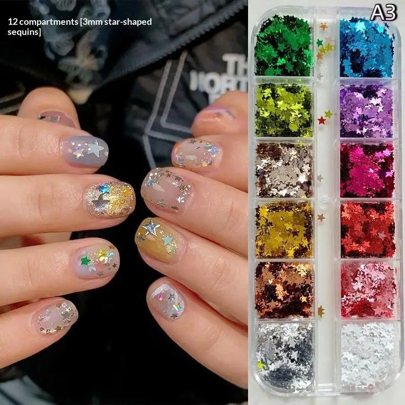12-Grid Star Sequin 3D Nail Art Charms – DIY Manicure Decor Nail Art Charms Axl A3