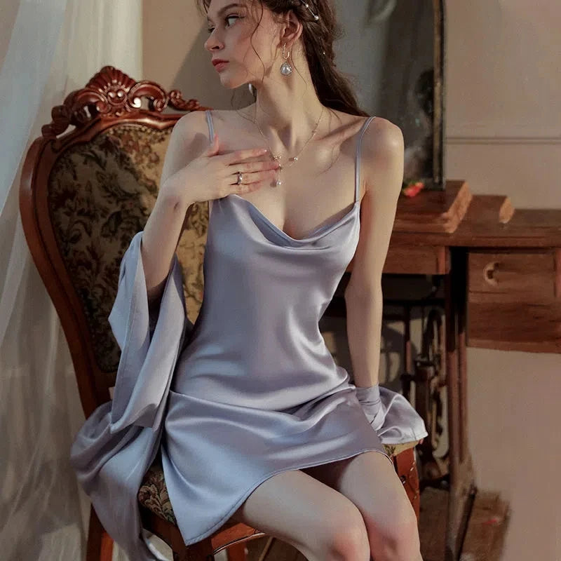 Satin Robe & Nightdress Set – 2-Piece Faux Silk Kimono Sleepwear Satin Robe Set Axl