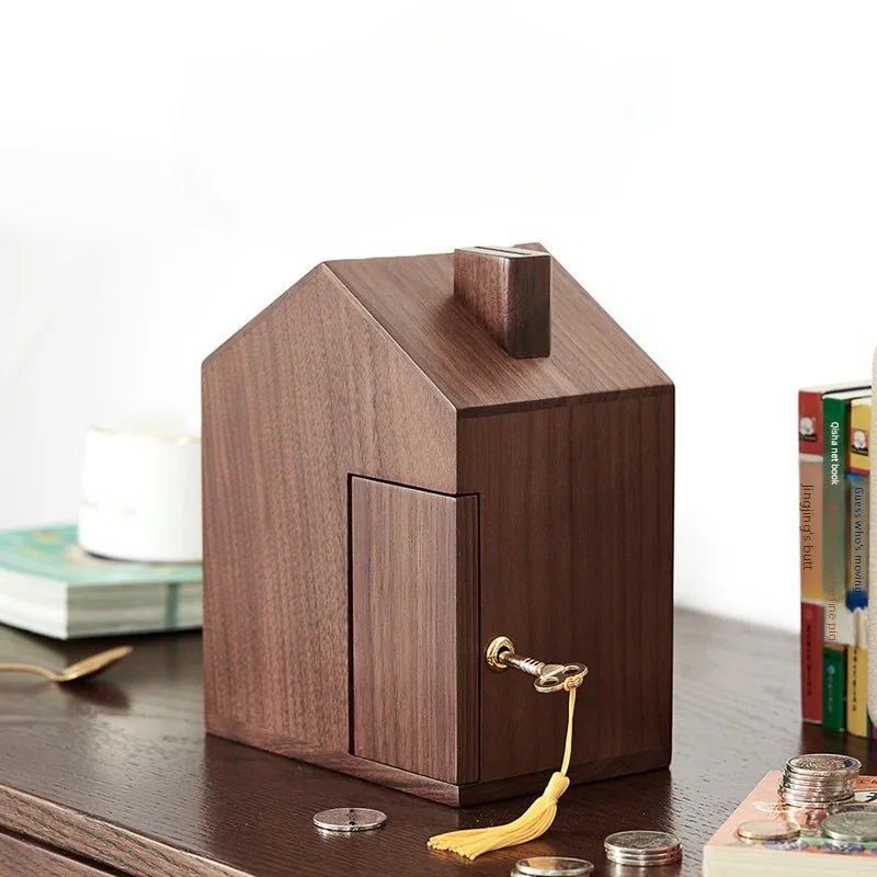 Wooden Piggy Bank with Lock – House-Shaped Money Box Wooden Money Box Axl