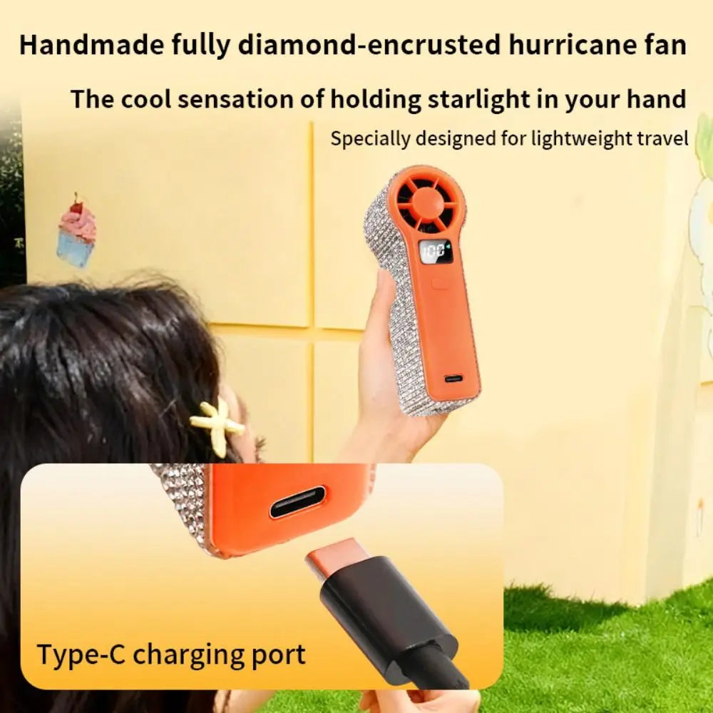 Rhinestone Handheld Fan – 100 Speeds, Digital Display, USB Handheld Fan Axl