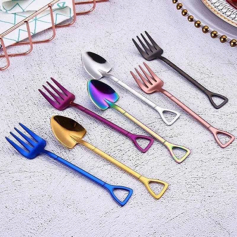 Shovel Shape Stainless Steel Dessert Spoon & Fruit Fork Novelty Flatware Axl