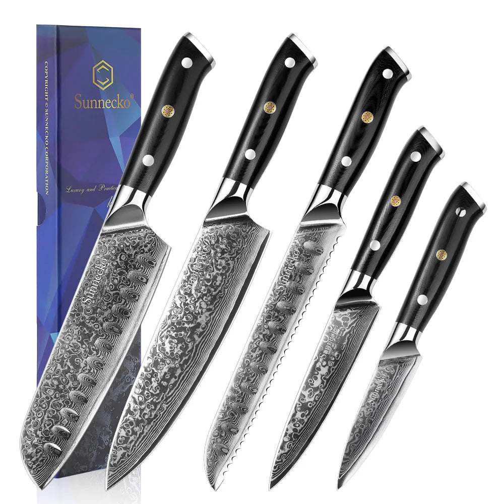 Sunnecko Damascus Kitchen Knife Set – 73-Layer VG10 Steel Damascus Knife Set Axl 5PCS Knives Set A China Mainland