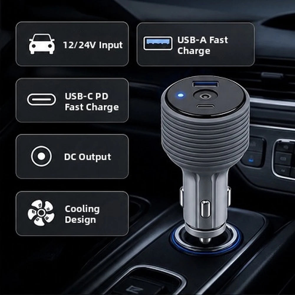 3-in-1 Car Outlet Adapter 105W – USB-A, USB-C PD & DC 12V/24V Car Power Adapter Axl