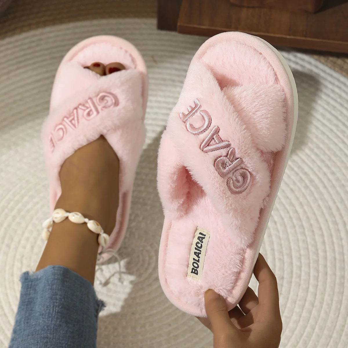 Women's Faux Fur Fluffy Slides – Custom Name Letter Slippers Faux Fur Slides Axl pink 38-39