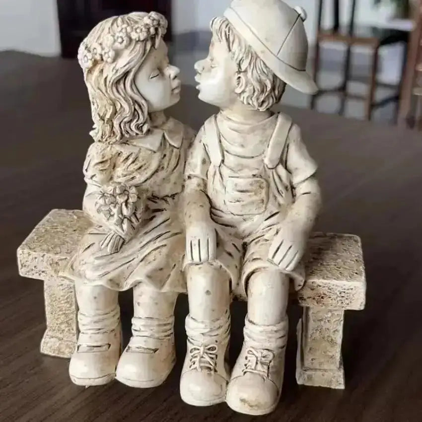 Kids on Bench Kissing Figurine | Resin Fairy Garden Sculpture Decorative Figurine Axl