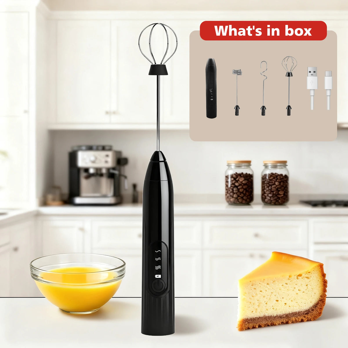 Handheld Milk Frother – 2/3 Whisks, Rechargeable Foam Maker Handheld Milk Frother Axl Black 3 Whisk
