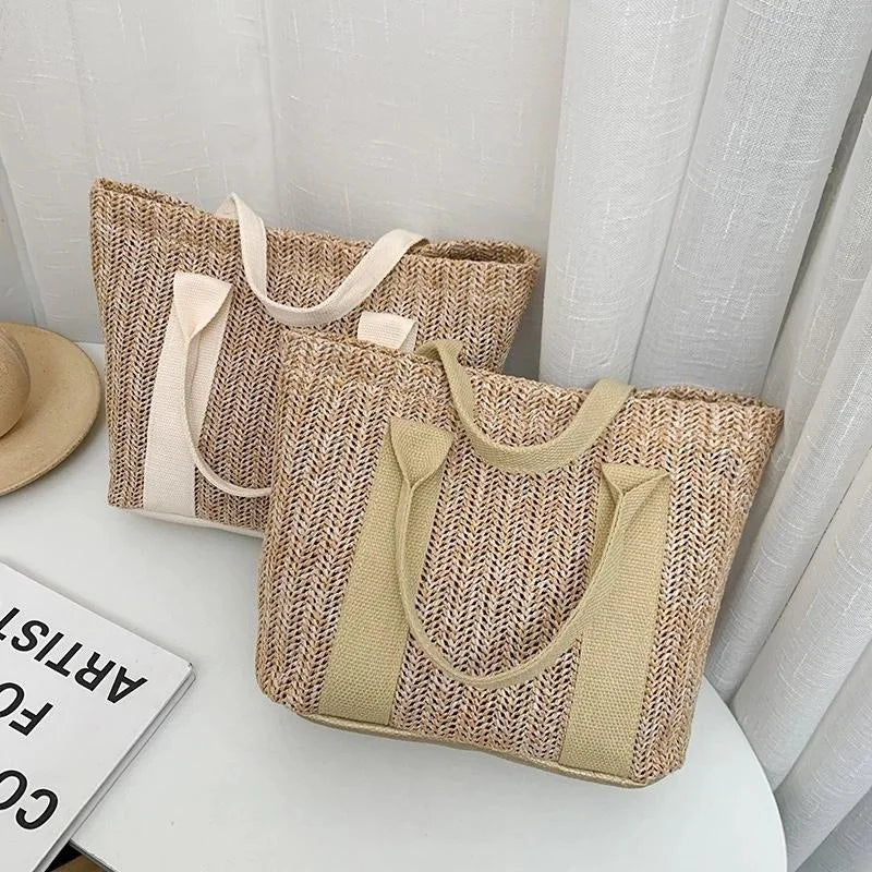 Women's Bamboo Straw Tote Bag – Color Block Zipper Handbag Straw Tote Bag Axl