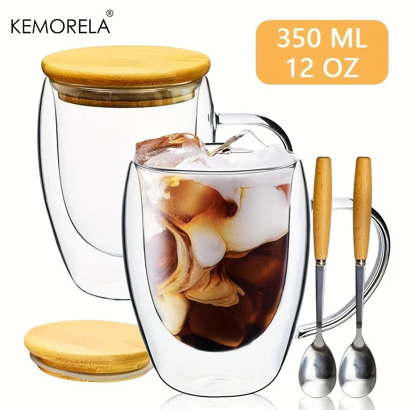 Double Wall Glass Coffee Mugs Set of 2 with Lid & Spoon | KEMORELA Glass Coffee Mug Set Axl 2PCS 350ML 301-400ml