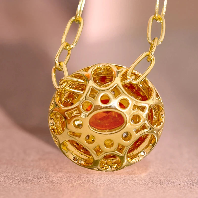 Huitan Orange Red CZ Oval Pendant Necklace | Paperclip Chain CZ Pendant Necklace Axl