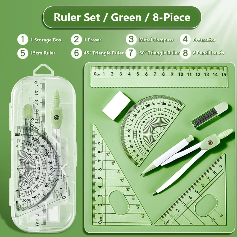 8-Piece Student Geometry Set – Rulers, Compass & Protractor Geometry Drawing Set Axl Green 8PCS B