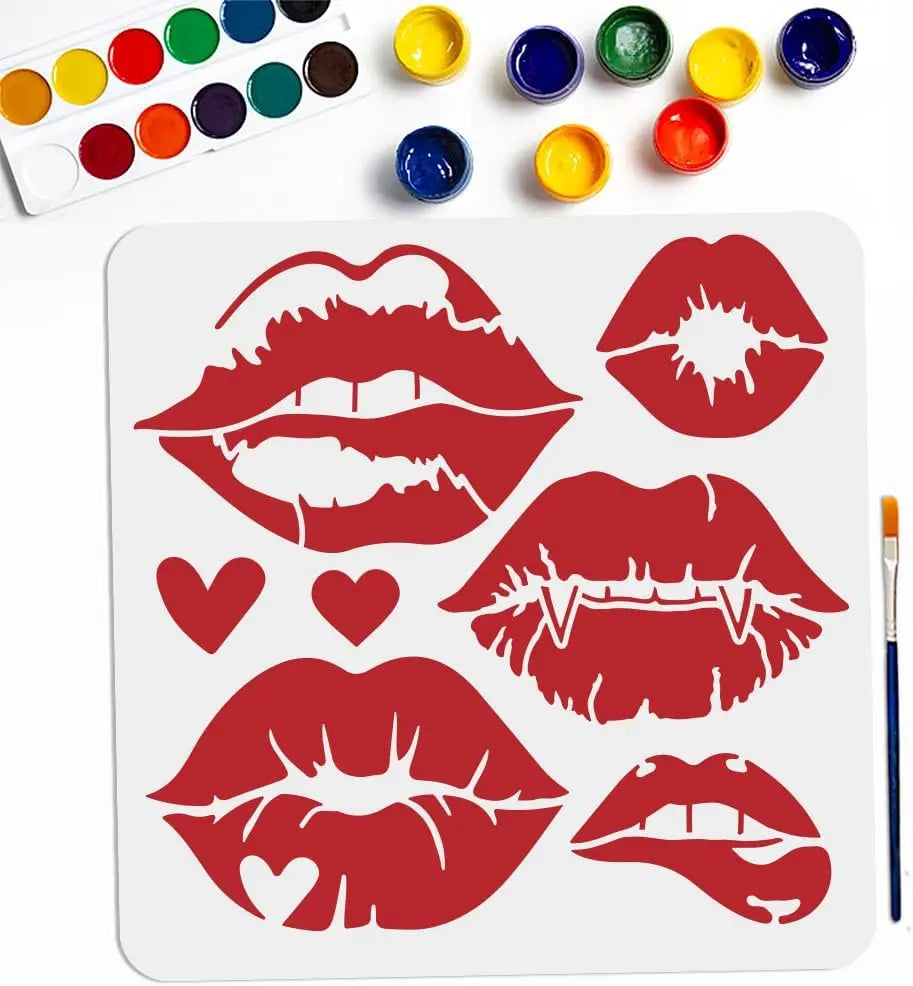Large Lip & Heart DIY Stencil 11.8" with Paint Brush – Reusable DIY Craft Stencil Axl AECH04-14288