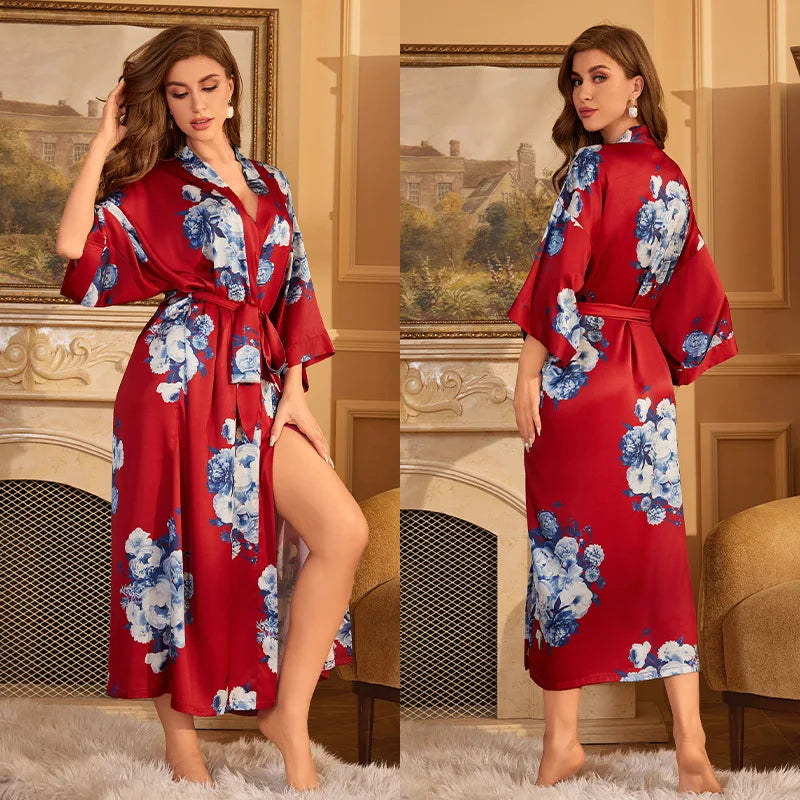 Women's Floral Satin Kimono Robe – Lace-Up Silk Bathrobe Satin Kimono Robe Axl 18 One Size