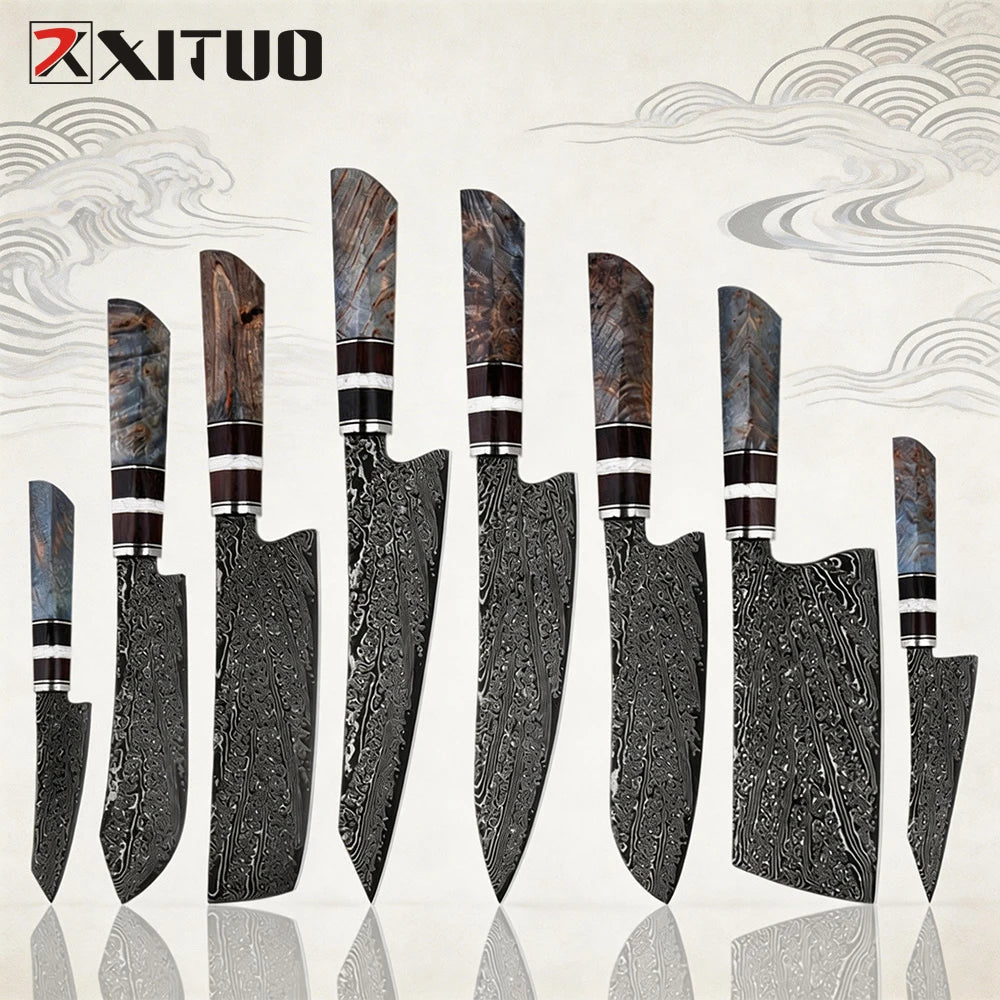 XITUO Damascus Kitchen Knife Set 1–8 Pcs | 67-Layer Steel Damascus Knife Set Axl