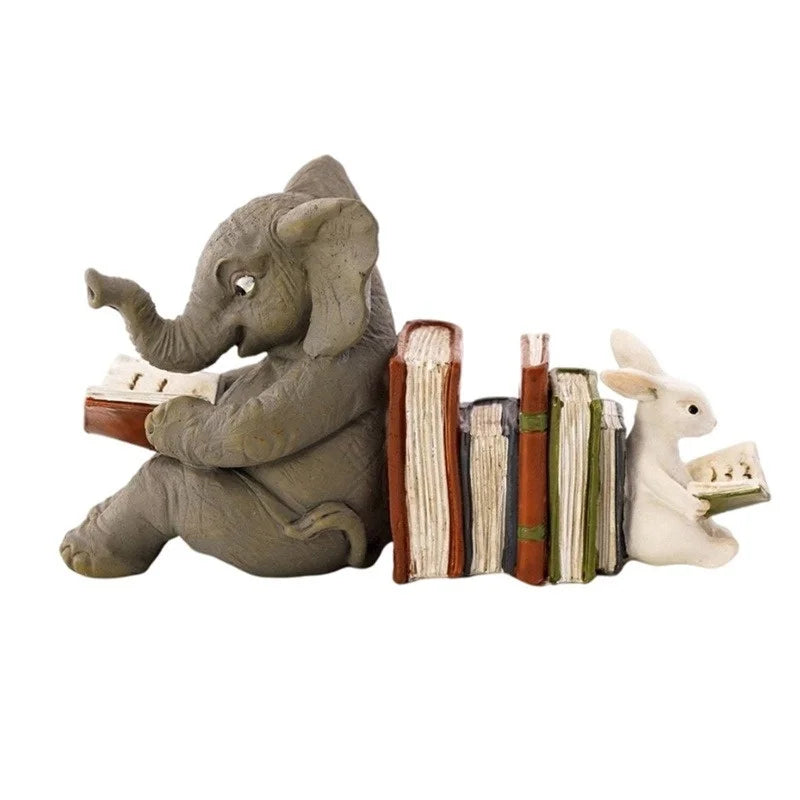 Elephant & Rabbit Reading Bookend – Resin Animal Statue Decor Decorative Bookend Axl